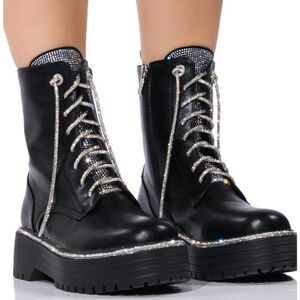 Azelea Wang Black Attentive Silver Bling Combat Boots Nwot Size 8.5